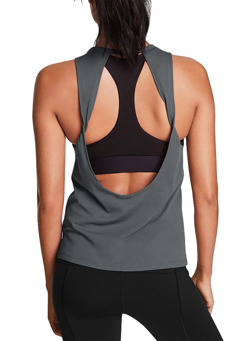 Mippo Open Back Workout Tops Yoga Athletic Shirts Tennis Muscle Tank Workout Tank Tops for Women Loose Fit Dark Gray M - Image 1